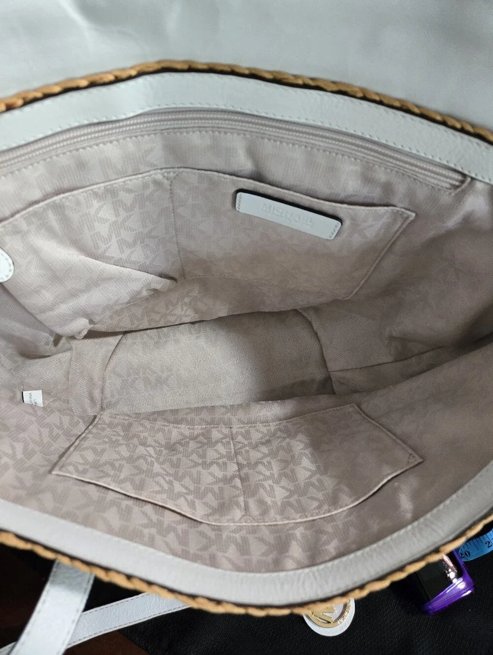 Michael Kors Naomi White Leather Trim Natural Straw Tote